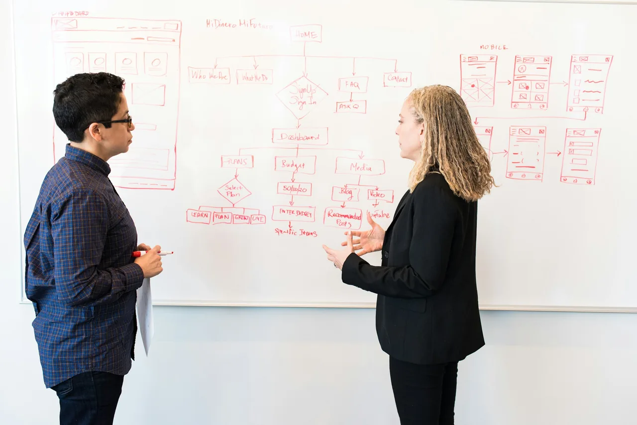 Dos profesionales conversando frente a un mapa de procesos